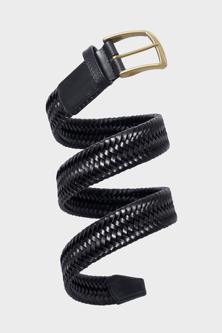Black braided belt with a gold buckle on a light gray background