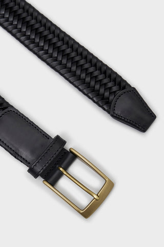 Black braided belt with a gold buckle on a light gray background