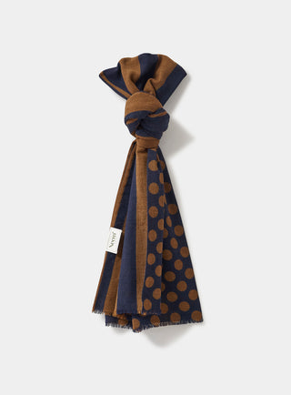 100% Recycled Double Faced Wool Burnt Orange Navy Spot Classic Scarf on one side, thick stripe on the other side.