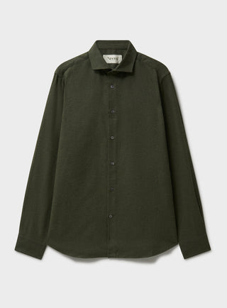 A long-sleeved green flannel shirt with a collar, button-up front, and a regular fit.
