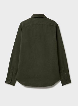 A long-sleeved green flannel shirt with a collar, button-up front, and a regular fit.
