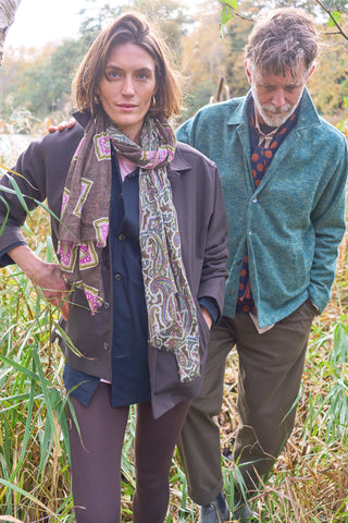 Cotton & Cashmere Wool Medallion Hazel Neck Scarf. Green & lilac
