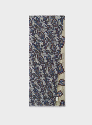 Cotton & Cashmere Wool Medallion Cream Neck Scarf. A flamboyant rare scarf double side printed; oversized paisley on one side and a medallion print on the other.  