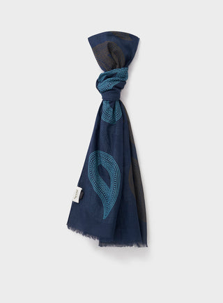 Cotton & Cashmere Wool Deep Navy Neck ScarfA flamboyant rare scarf double side printed; oversized paisley design in a lovely chocolate and neutral on a warming blue tone.