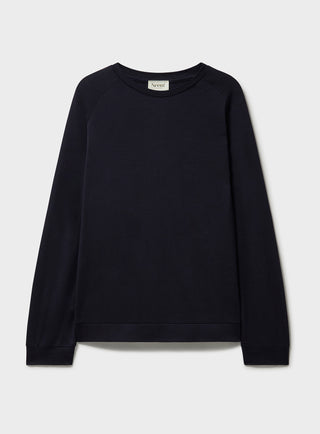 ZQ Merino Wool Jersey Long Sleeve Super 120s Navy Crew neck top. Raglan crew neck long sleeve which is designed to be worn as a base layer or as a smart crew neck. Traceable ZQ merino wool from New Zealand.
