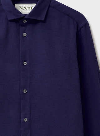 Recycled Italian Flannel Navy Cut Away Collar Shirt made with 50% recycled cotton and 50% organic. The shirt is a button down.