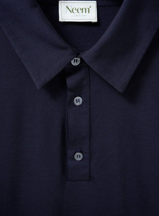 ZQ Merino Wool Jersey Navy Long Sleeve Polo. 3 Button Down Collar.
