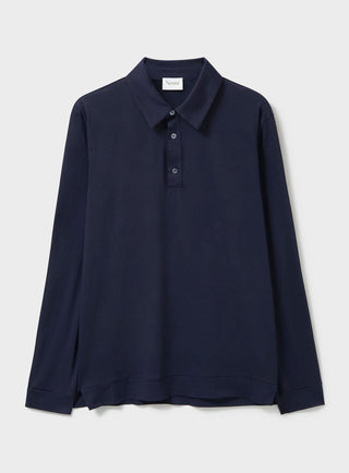 ZQ Merino Wool Jersey Navy Long Sleeve Polo. 3 Button Down Collar.