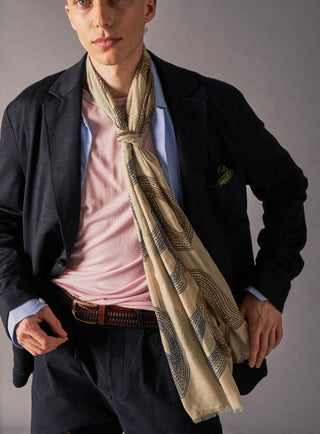 Cotton & Cashmere Wool Cream and Navy Paisley Neck Scarf.  A flamboyant rare scarf double side printed; oversized paisley on one side and a medallion print on the other. Off white shades with blue and choclate oversized paisley print.