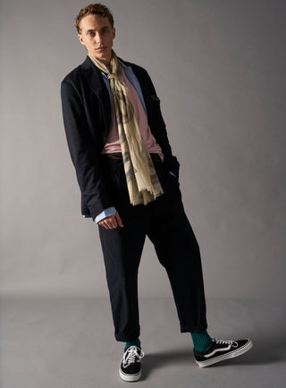 Cotton & Cashmere Wool Cream and Navy Paisley Neck Scarf.  A flamboyant rare scarf double side printed; oversized paisley on one side and a medallion print on the other. Off white shades with blue and choclate oversized paisley print.