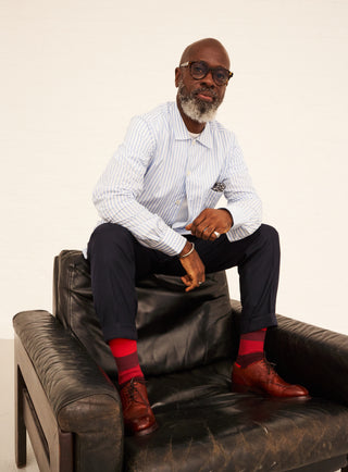 Supima British Red Stripe Socks. Ribbed knit sock with thick toned red stripes.