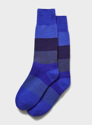 Supima British Blue Stripe Socks. Ribbed knit sock with thick toned blue stripes.