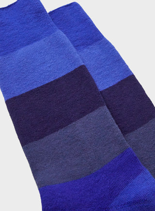 Supima British Blue Stripe Socks. Ribbed knit sock with thick toned blue stripes.