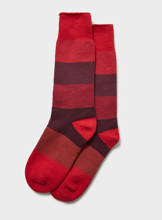 Supima British Red Stripe Socks. Ribbed knit sock with thick toned red stripes.