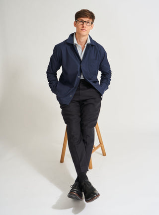 100% Regenerative Cotton Navy Shirt Jacket. Three pocket and button down.