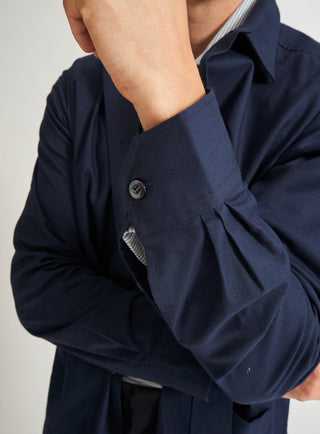 100% Regenerative Cotton Navy Shirt Jacket. Three pocket and button down.