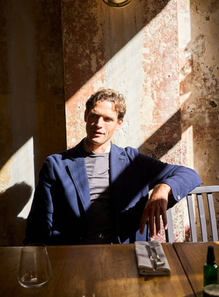sustainable menswear chocolate ZQ merino traceable wool best quality t shirts and blue overshirt