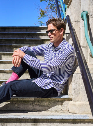 sustainable menswear modern city stripe cut-away mens navy blue overshirt
