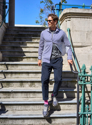 sustainable menswear modern city stripe cut-away mens navy overshirt
