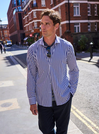 sustainable menswear modern city stripe blue overshirt cut-away 