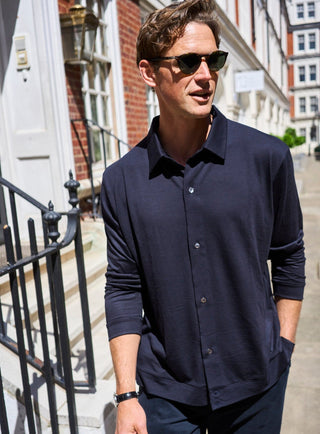 ZQ Merino Super 120s Wool Navy Jersey Shirt. Button downed front.
