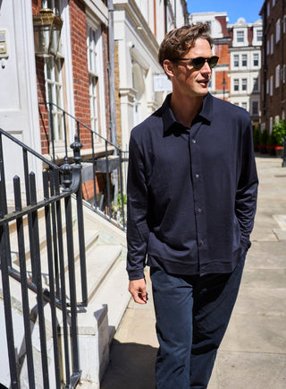 ZQ Merino Super 120s Wool Navy Jersey Shirt. Button downed front.