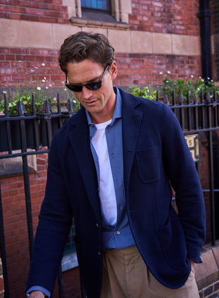 sustainable menswear best quality t shirts 100% white organic cotton with mens navy overshirt