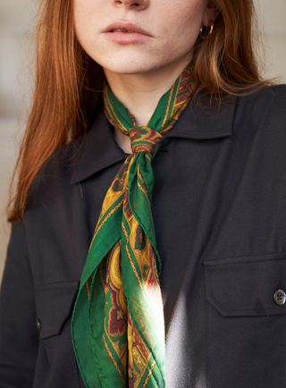 100% Italian Tencel Green Motif and Mustard Print Neck Scarf. 